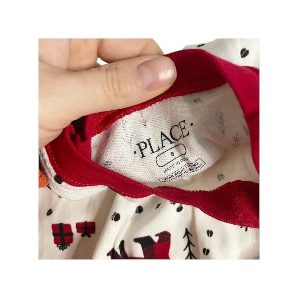 The Children's Place Pajama Set Kids 8 White Red Buffalo Plaid Bear Moose Winter